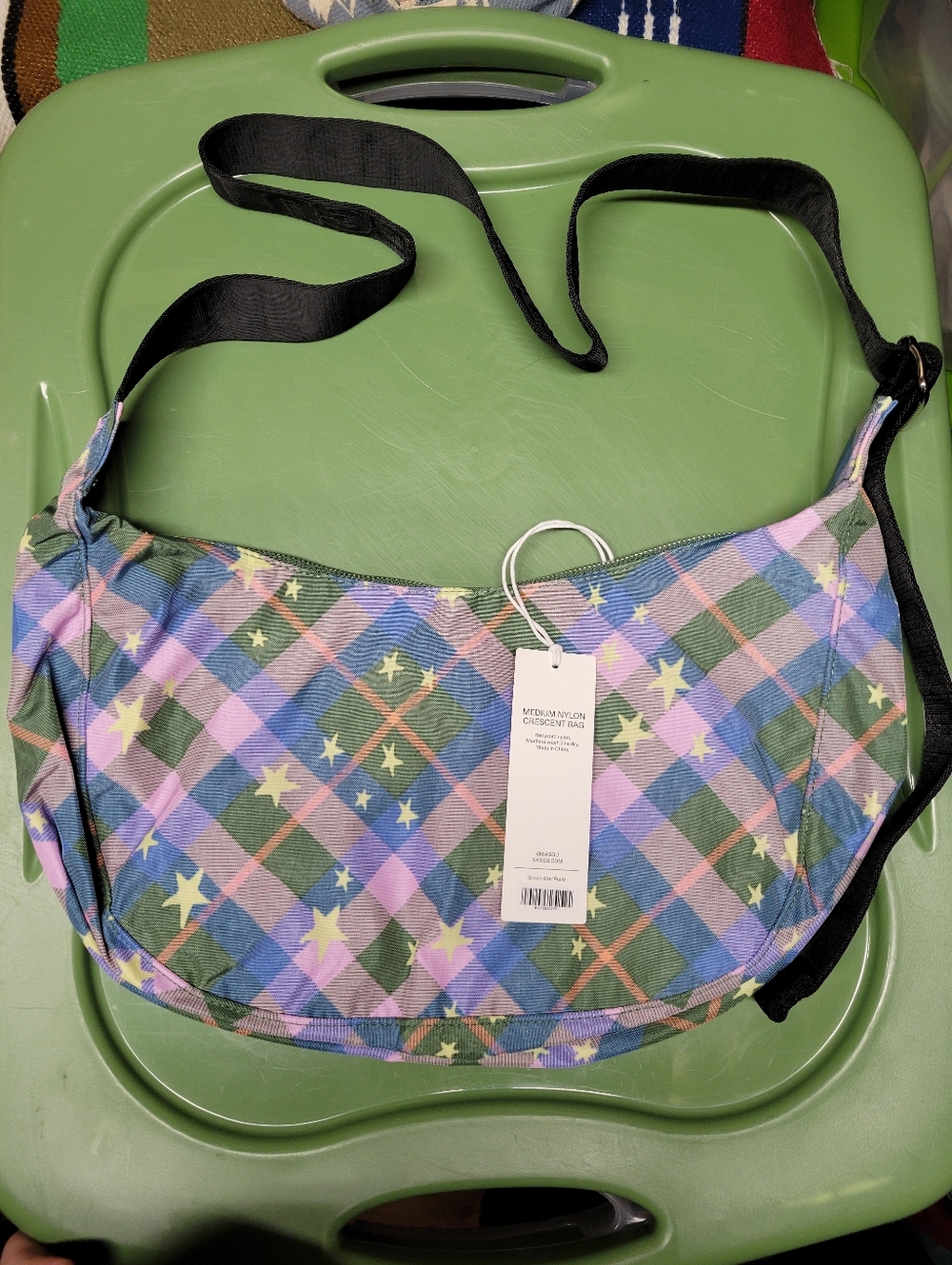 Baggu Medium Crescent Green Star Plaid Nwt